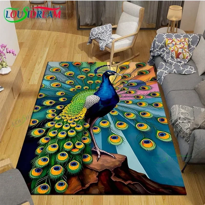 3D Hot Fashion Peacock Feather Carpet for Outdoor Balcony Garden Coffee Table Bedroom Area Rugs Kitchen Un-slip Floor Mat Gift