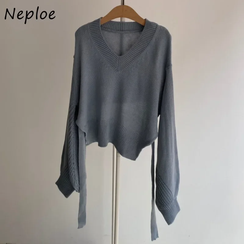 Neploe Back Lace Up Bow Design Solid Knit Sweater Women O Neck Pullover Long Sleeve Pull Femme Spring 2024 New Slim Sueter