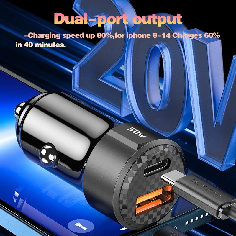 50W Transparent Car super fast Charger PD20W/QC3.0 Dual A+C Ports Super Fast Charging Car Cigarette Lighter Charger for phones