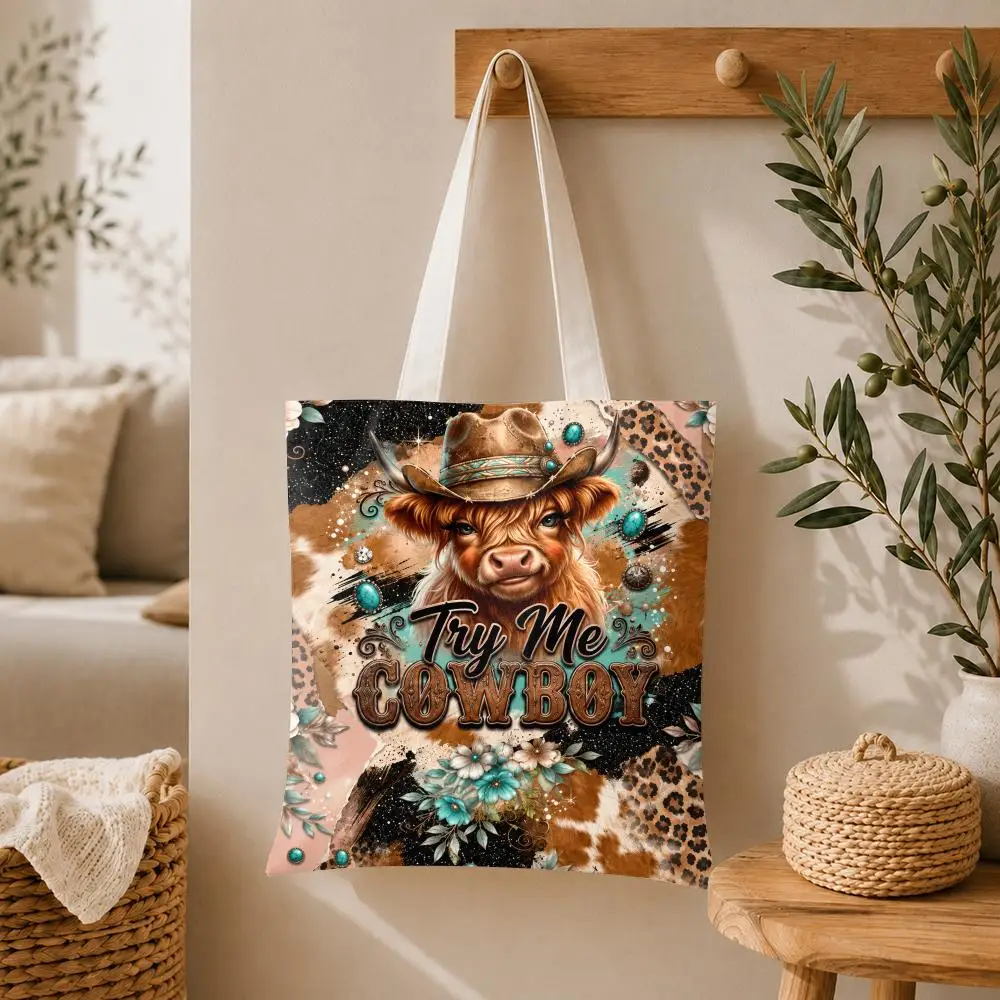 Western Cowboy Cowgirl Art Storage Bags Large Capacity Canvas Tote Bag Double-Sided Print Shoulder Handbag for Daily Shopping