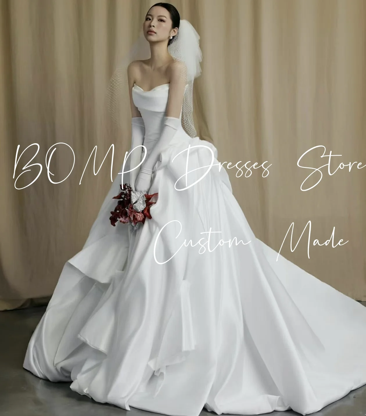 BOMP Klassisches Brautkleid mit Falten, trägerlos, A-Linie, bodenlang, weißer Taft, Korea-Fotoshooting, Braut-Empfangskleid, individuell