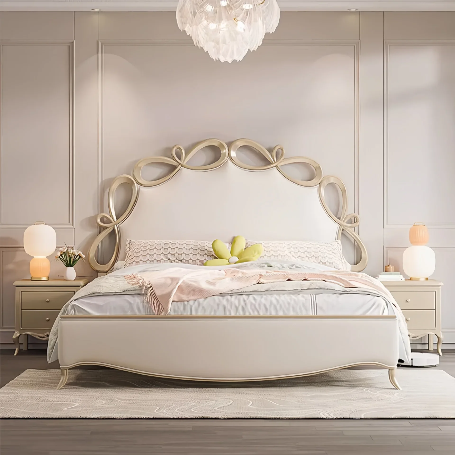 American light luxury solid wood bed 1.8 meters master bedroom double bed bow carved princess big bed French cream wind wedding