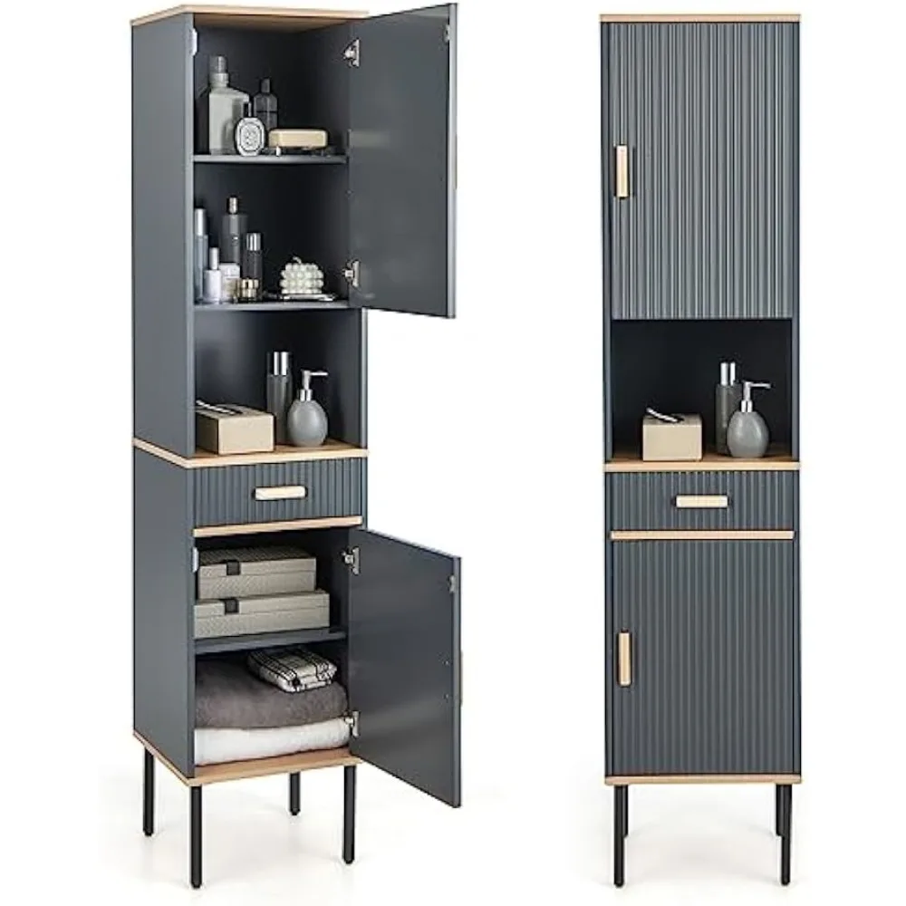 

Tall Bathroom Cabinet, Freestanding Storage Cabinet w/Doors Cabinet, Open Compartment & Drawer, Narrow Tower w/ 3-Position Adju