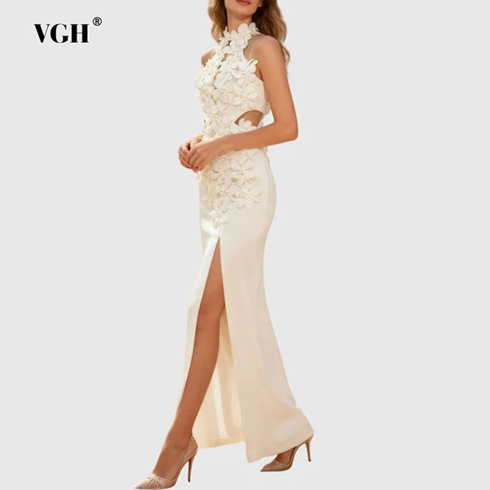 

VGH Design Sense Solid Dresses For Women Stand Collar Sleeveless High Waist Spliced Appliques Chic Dress Female Fashion Style