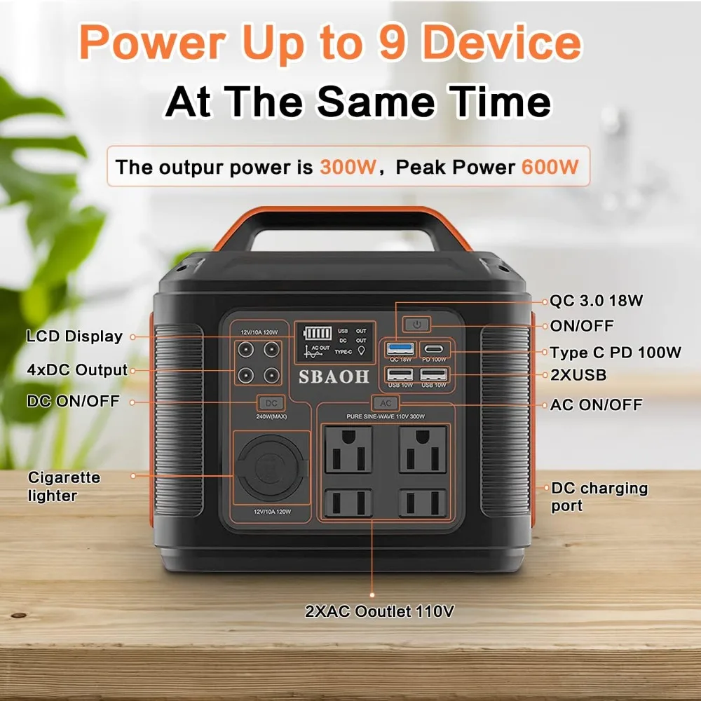 태양광 발전기 급속 충전, 110V AC 콘센트, DC 포트, LED 손전등, 야외 여행용 리튬 배터리 백업, 300W, 296Wh