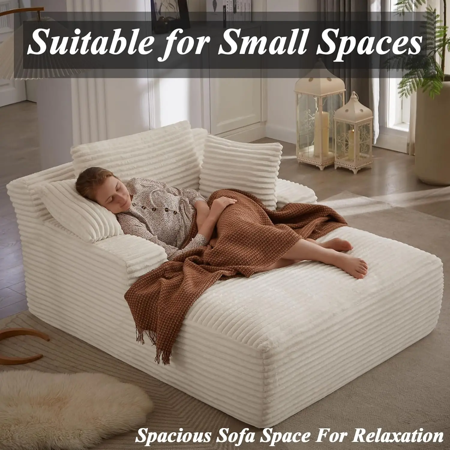 거실 침실용 대형 긴 의자, 편안한 베개 3개 포함, 넓은 팔걸이 코듀로이 원단 고밀도