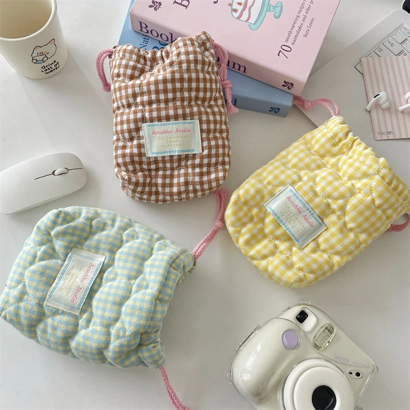 Gewatteerde liefde dames camera opbergtas snoep contrasterende kleur geruite vrouwelijke cosmetische tas draagbare trekkoord meisjes clutch waszakken