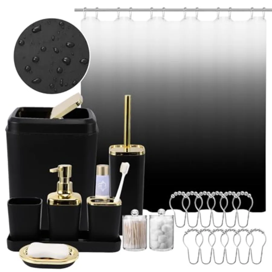 

Bathroom Set - 22PC Black Bathroom Accessories Sets Complete with Black Ombre Shower Curtain, Trash Can, Toothbrush Holder, Too