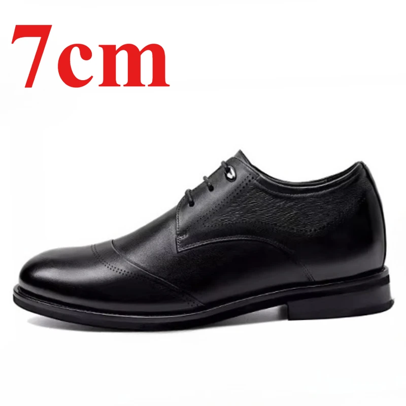Genuine Leather Engraved Men's Dress Shoes 7 Elevator Breathable Comfortable Inner Height-increasing Shoes Wedding Derby Shoes