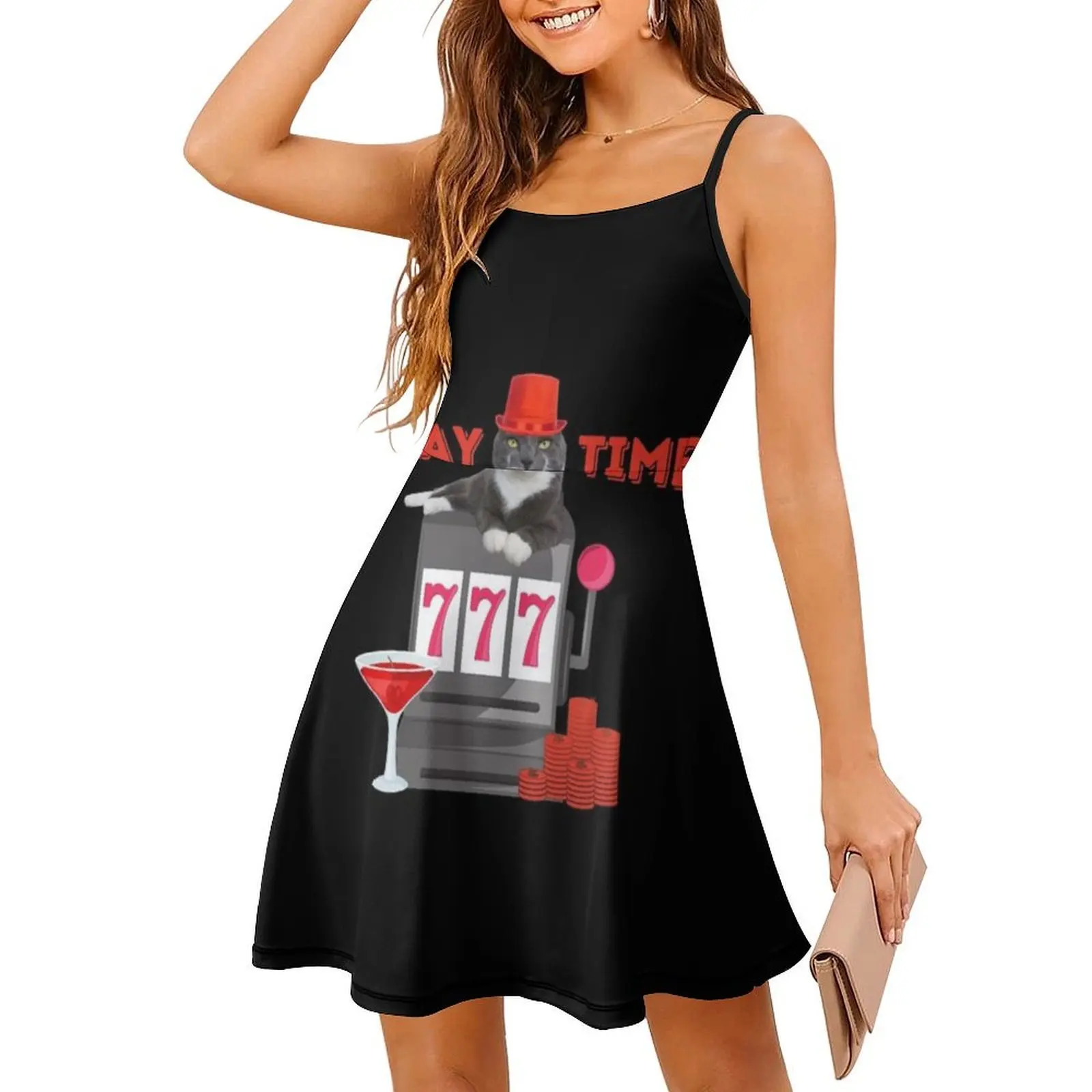 مضحك القمار القط اللعب الوقت مثير عطلة اللباس للنساء الشاطئ حزب عيد ميلاد فستان قصير مضحك فتحة آلة كازينو القمار #3