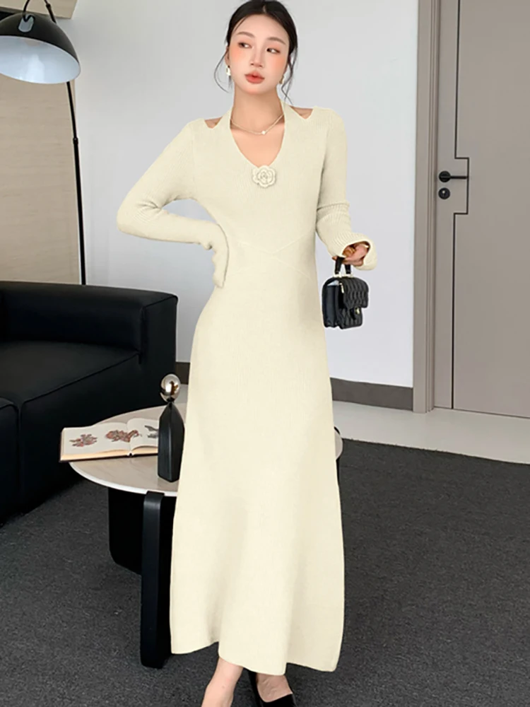 2025 핑크 니트 긴팔 빈티지 브이넥 드레스 가을 겨울 우아한 캐주얼 스웨터 드레스 여성 한국 바디콘 프로모션 드레스