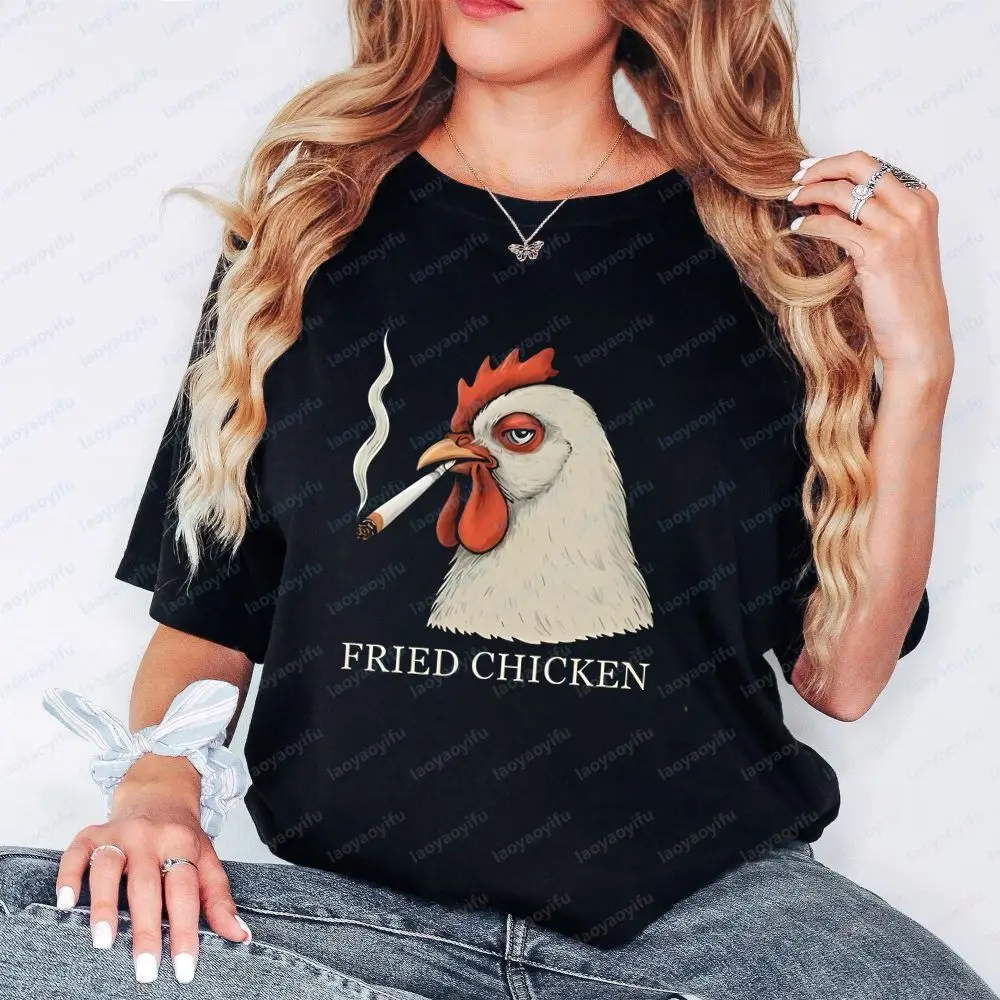 Fried Chicken Smoking Funny Chicken Graphic - Casual Trendy Multi-purpose T-shirt for Both Men and Women with Round Neck Design