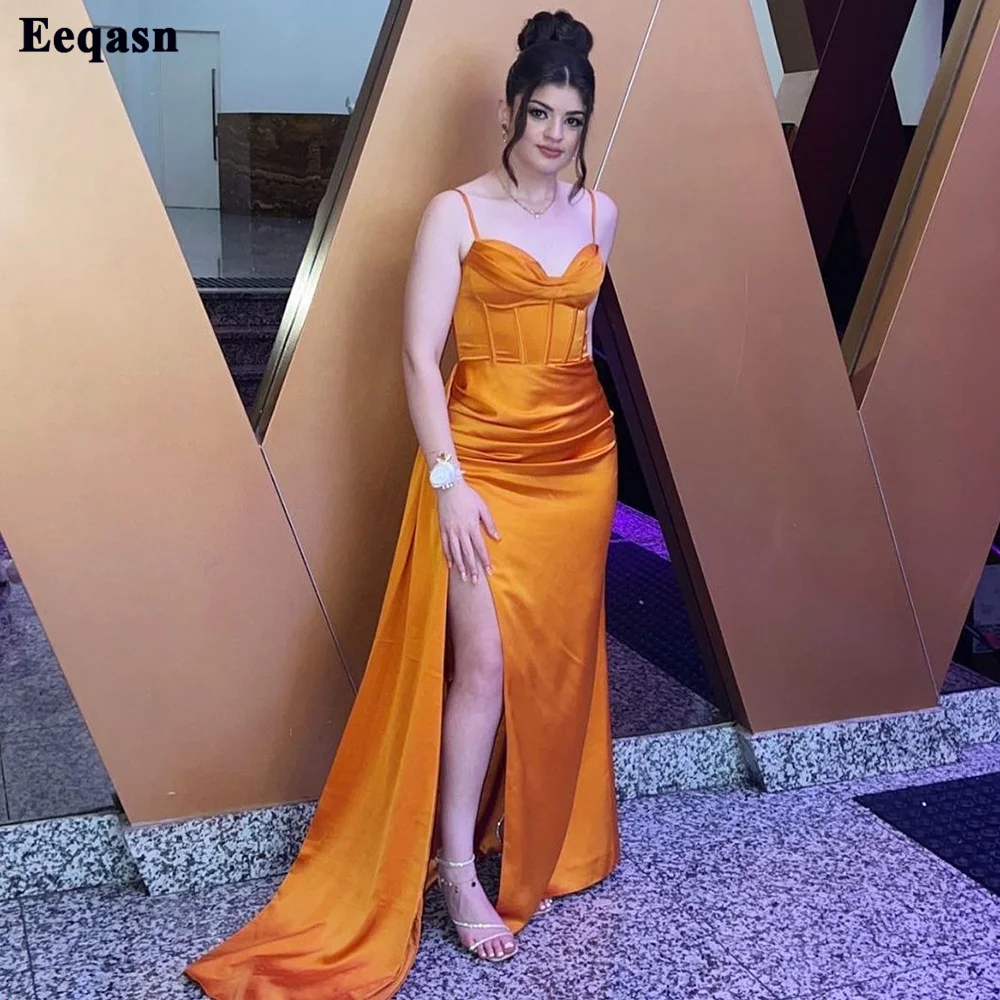 

Eeqasn Orange Mermaid Women Evening Dresses Fitthed Bones Spaghetti Strap Formal Prom Gowns Side Slit Pageant Party Dress 2022