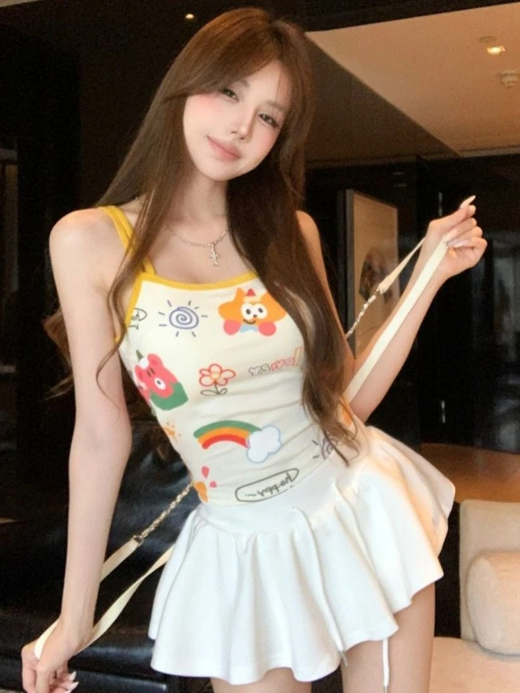 

Summer new energetic girl cartoon cute pattern camisole top+high waist white puffy short skirt pants sweet two-piece set