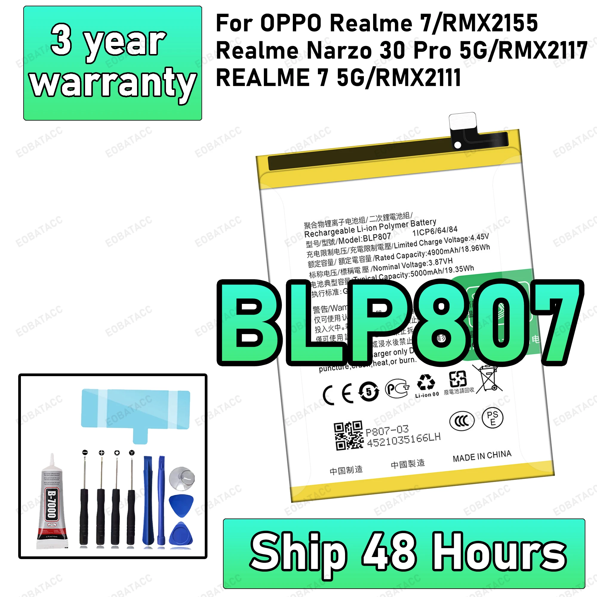 100% New High Quanlity BLP807 Battery For Oppo Realme 7/Realme Narzo 30 Pro 5G/REALME 7 5G/RMX2155/PMX2117 Replacement Battery B