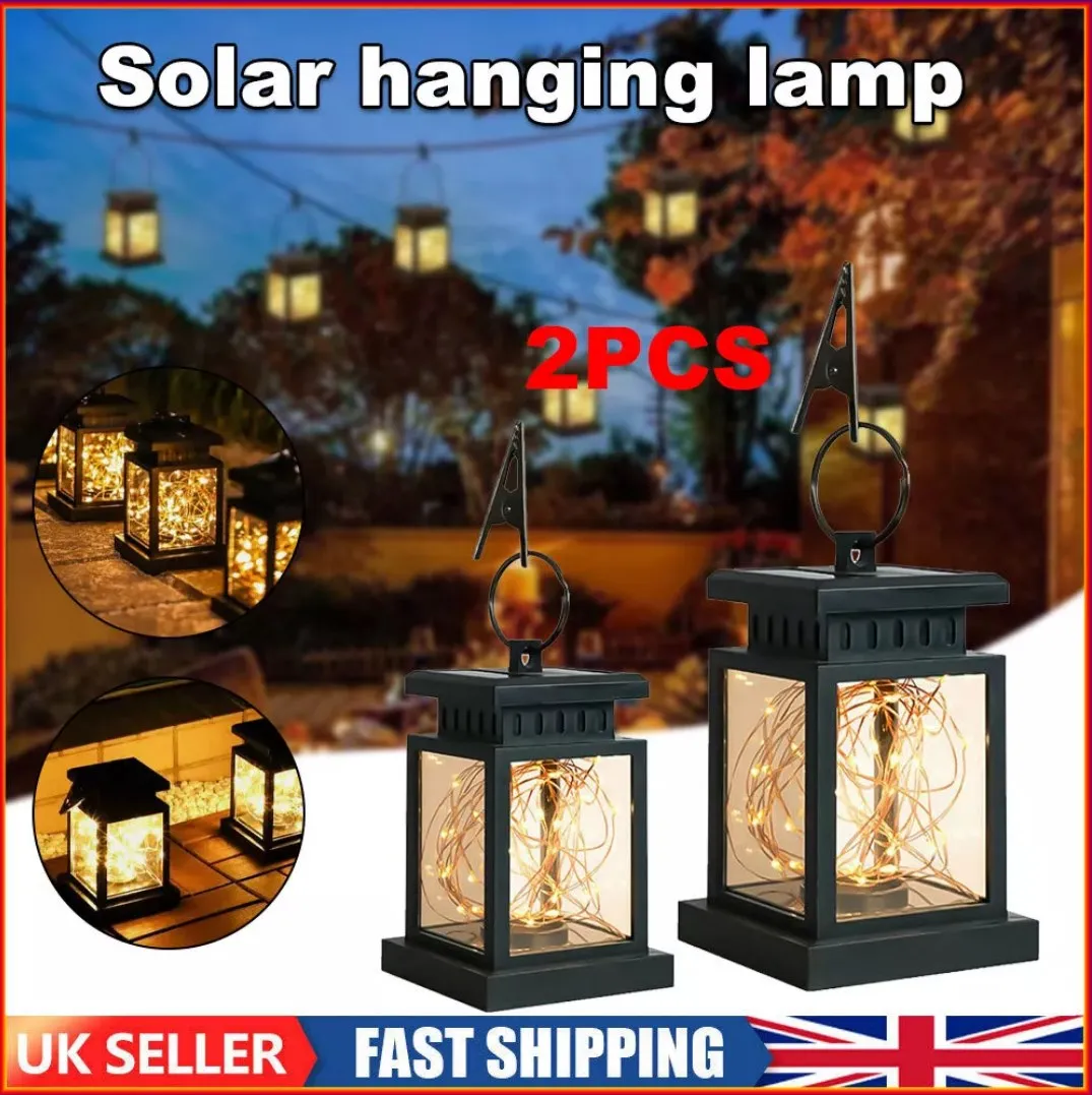 2X LED Waterproof Solar Powered Hanging Lantern Lights Outdoor Garden Table Lamp