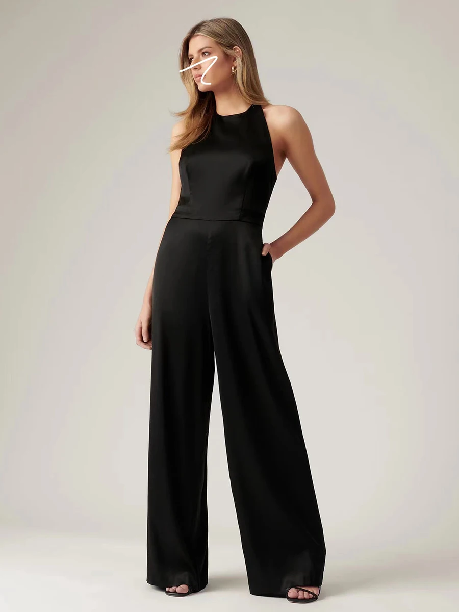 

Claude Hanging Ne Pure Bla Satin High Waist Jumpsuit Dr Bal Women's Ele Year End Dinner Par Faionable Str...