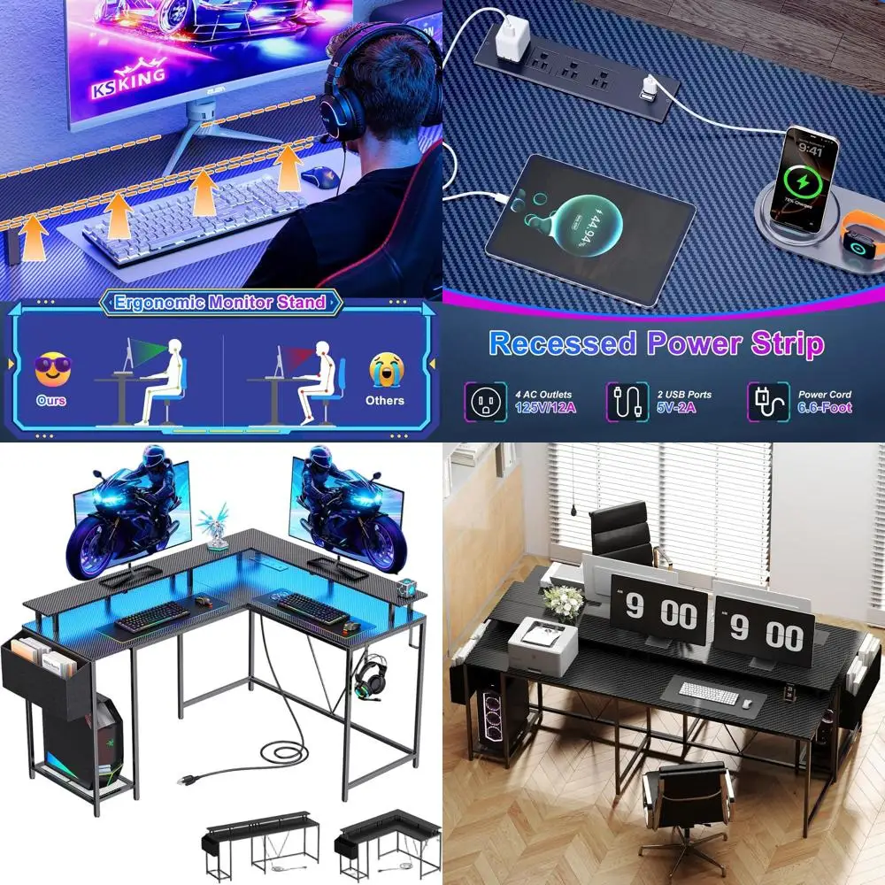 

Игровой L-образный стол: 53-дюймовый, из углеродного волокна, черный, с розетками, LED-подсветкой, подставкой для монитора и местом для хранения, для домашнего офиса или спальни