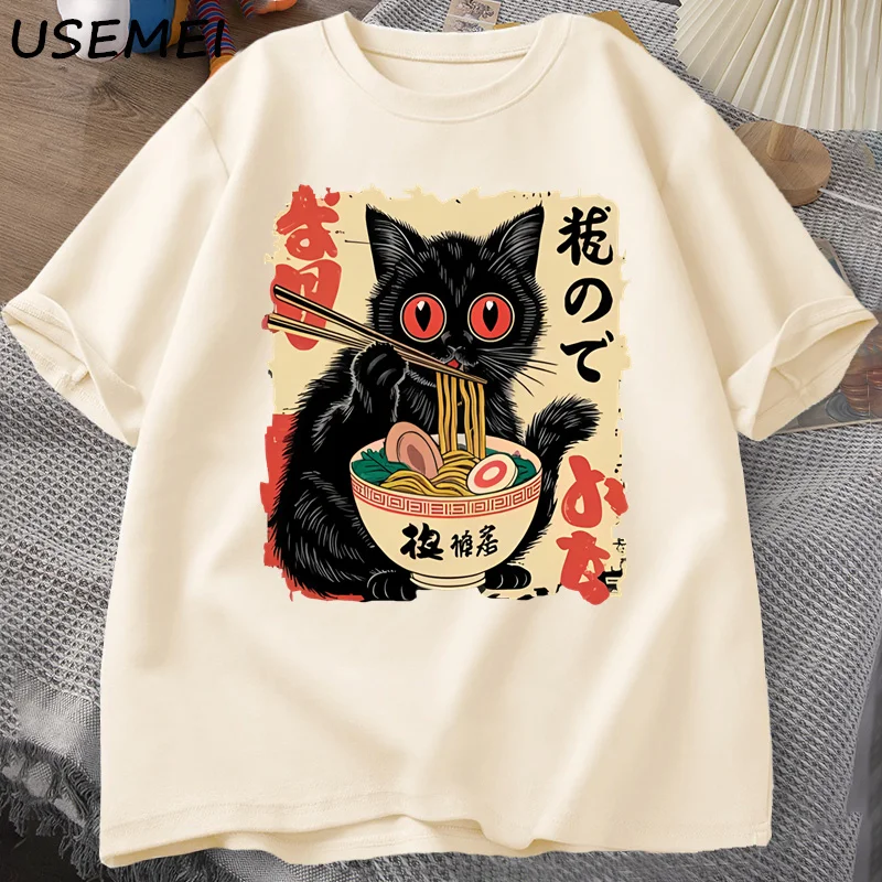 Vintage Japanese Black Cat Ramen T Shirts Cute Graphic Tee Funny Cat Eating Ramen T-Shirt Printing Cotton Short Sleeve Vintage image 3