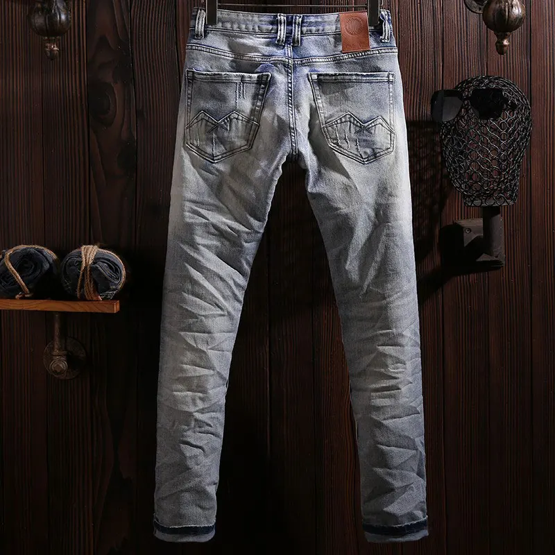Street Fashion Men Jeans Retro Light Blue Stretch Slim Fit Hole Ripped Jeans Men Embroidery Designer Vintage Denim Pants Hombre