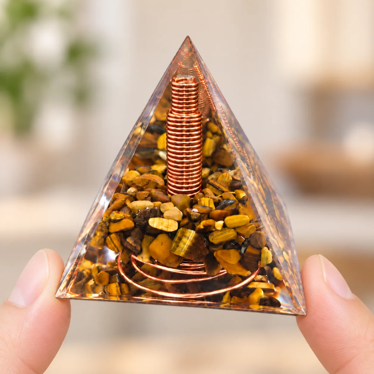 Tiger Eye Orgone Pyramid with Copper Coil Natural Gemstone Chips Orgonite Energy Generator Meditation Home Decor Resin Gift