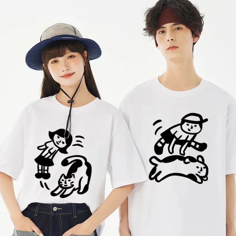 

Couple Style Cat And Dog Print Fashionable Round Neck Short Sleeved T-shirt 2024 Summer New Trendy Brand Same Oversized Tops
