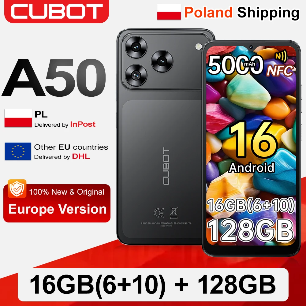 [Spedizione dalla Polonia] Smartphone Cubot A50 Android 16, 16 GB (6+10) di RAM + 128 GB di ROM, schermo FHD+ da 6,58 pollici, risoluzione 1080*2408, 60 Hz, doppia SIM Nano, batteria da 5000 mAh,