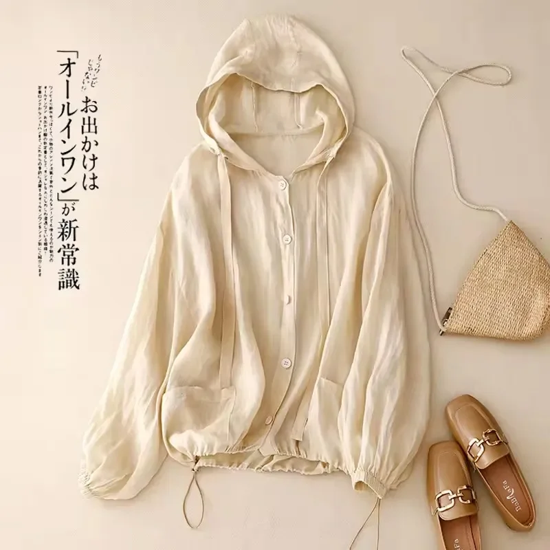 Pop Pop Fashion Cotton And Linen Hoodie Women's Tops Summer New Korean Casual Long Sleeve Sun Protection Base Shirt Thin Blouse