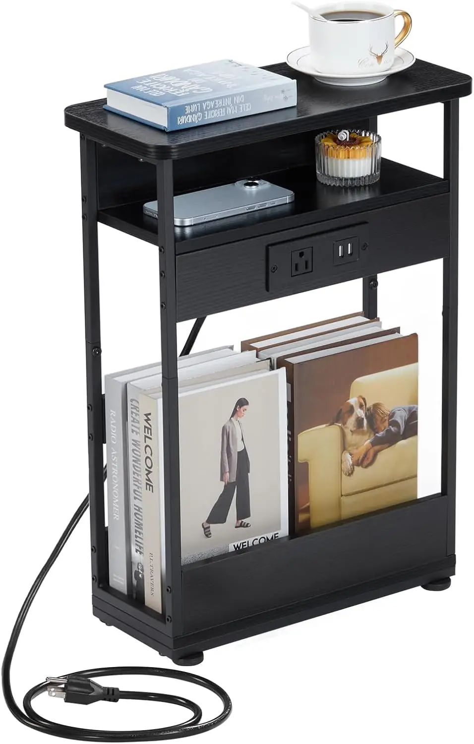 

Narrow Side Table with Charging Station, 3-Tier End Table with 2 USB Ports & Power Outlets,Thin Sofa Side Table for