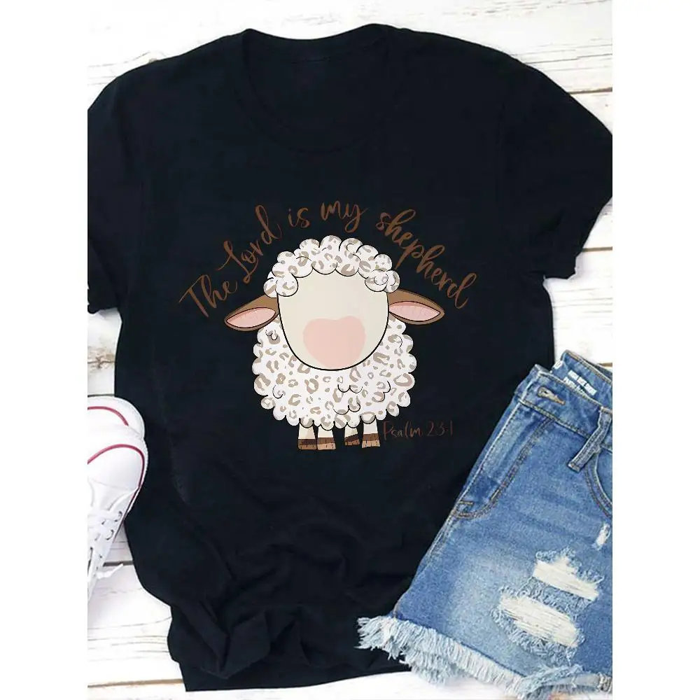 

Plus Size "The Lord is My Shepherd Women's Casual T-Shirt - Easter Faith-Inspired Design with Cute Sheep Graphic,