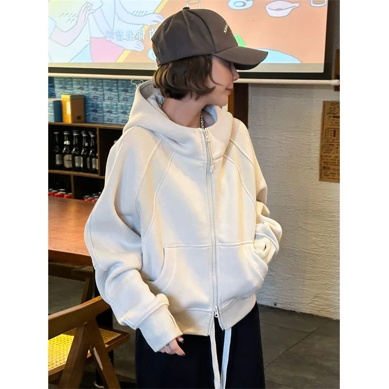 

Autumn Winter Women's Hoodies Fashion Double Zip Hooded coat Fleece Lined Cardigan Sweater Jacket