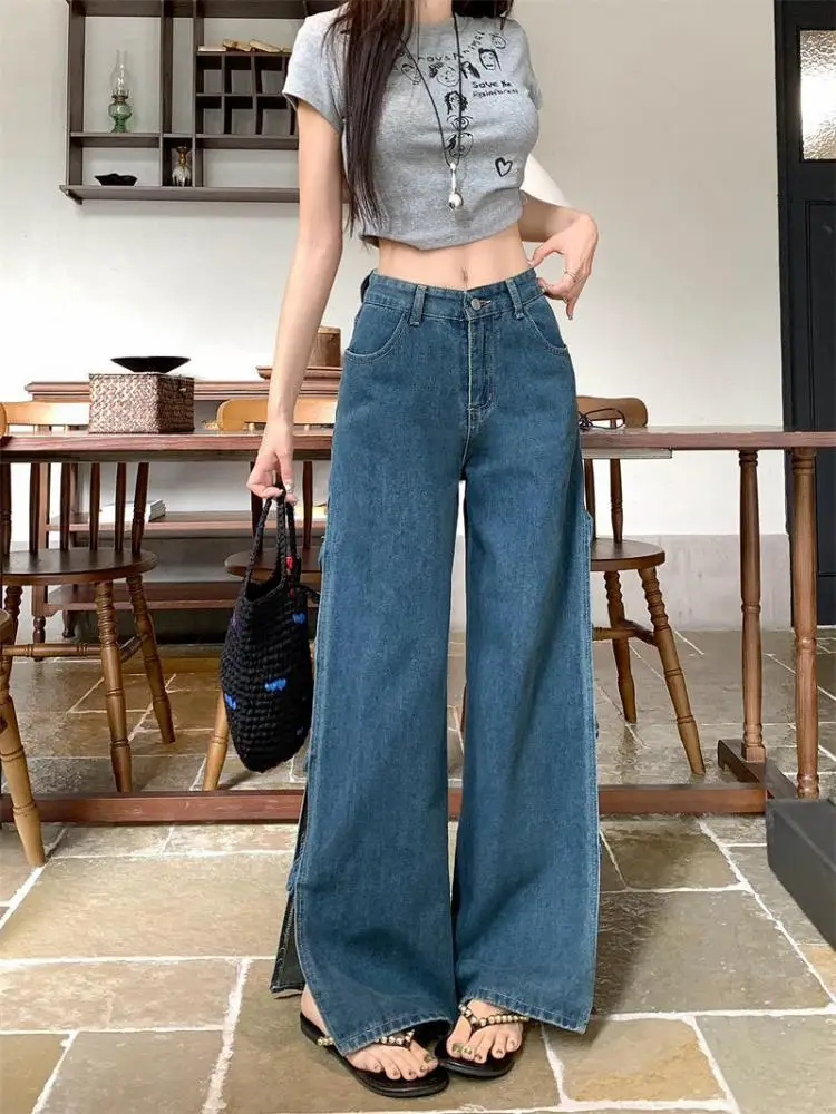 

French Retro Summer Blue Elegant High Waist Vacation Long Pant Women Versatile Hollowed Out Split Jeans Trousers Streetwear Chic