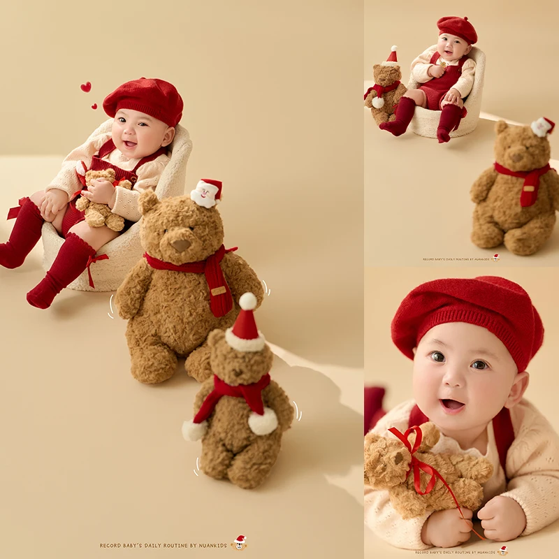 100 Days Baby Clothing For Photo Christmas Themed Props Suit Knitted Beret Overalls Socks Set Cute Bear Doll Shoot Decoration