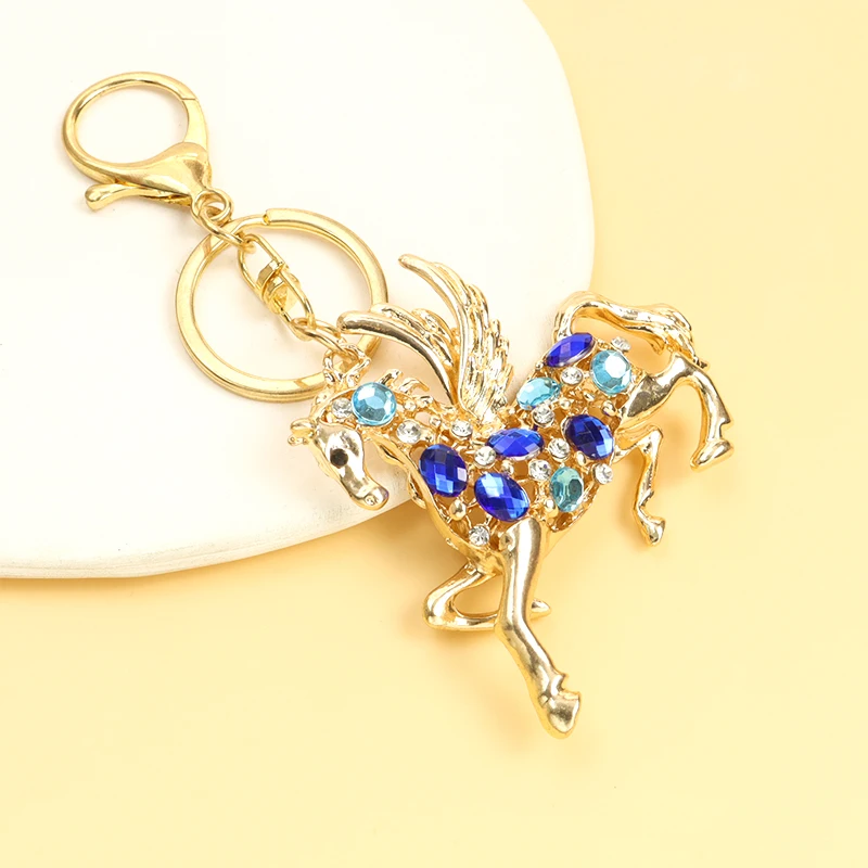 Exquisite Coloured Rhinestones Skyhorse Keychain Chinese Zodiac Gift Souvenir Bag Pendant Car Interior Horse with Wing Keyring