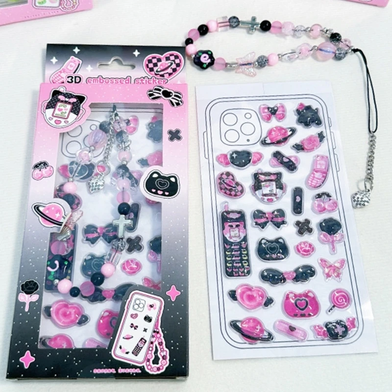 Embossed PVC Sticker Phone Chain Charm Set Decorative Sticker for Water Bottle Journal Planner Photo Album Scrapbooking F19E