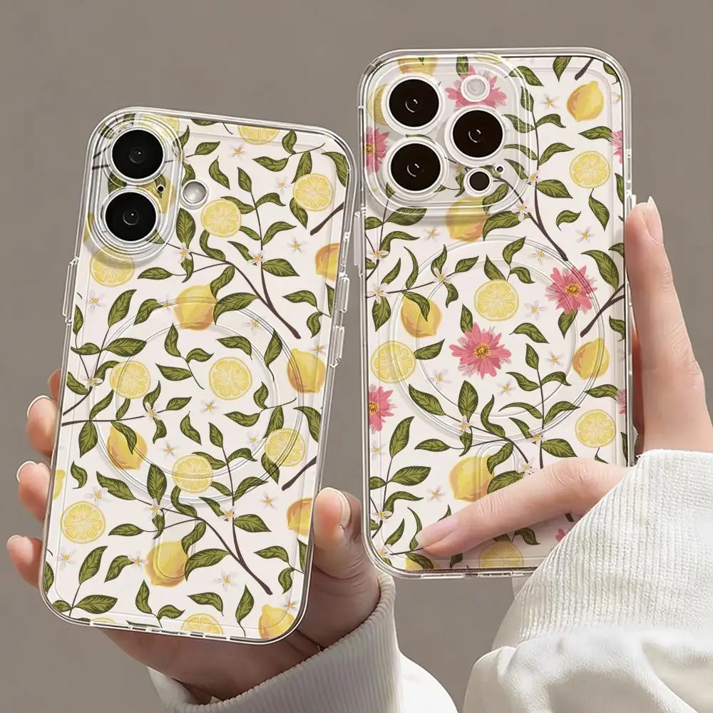 Flower Leaves Lemon Phone Case For iPhone 17 16 15 14 13 12 Pro Max Plus Crystal Clear Magnetic Wireless Charging Cover