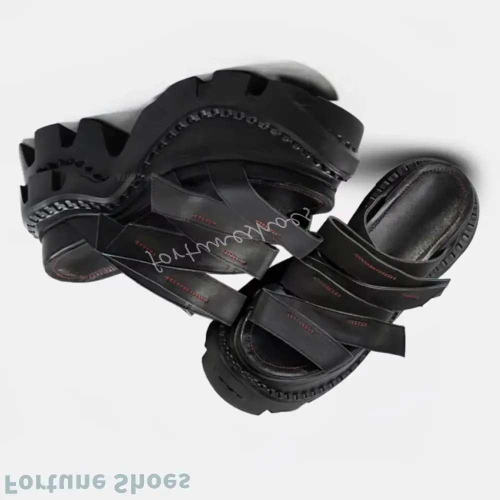 

Hook & Loop Platform Slippers Women Strange Thick Sole Open Toe Hollow Patchwork Sewing Punk Sandals Summer Novelty Slippers New