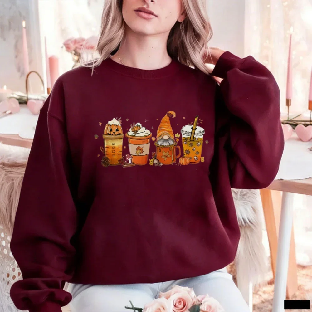 Aesthetic Cozy Pink Gnome Coffee Sweatshirt Hoody Fall Pumpkin Spice Latte Autumn Leaves Graphic Pullover Women Unisex Retro Top view 2