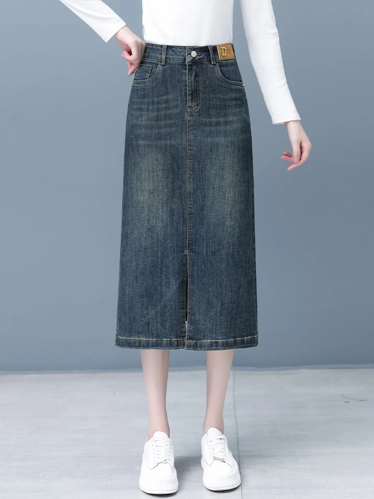 

High Waist Denim Skirt Women's Spring Autumn New Style One Step mid Length Slit Slimming Skirts Korean Style Commute