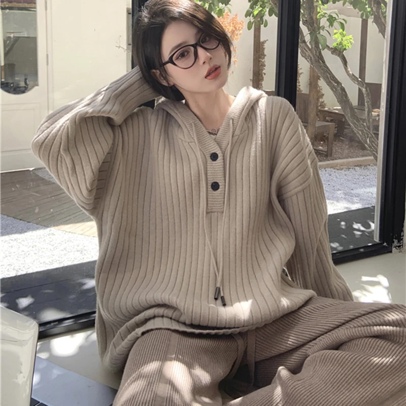 Fashion Knitted Tops 2024 Women Sweater Winter New Hooded Pullover Sweater Loose Casual Korean Long Sleeve Oversized Jumpers