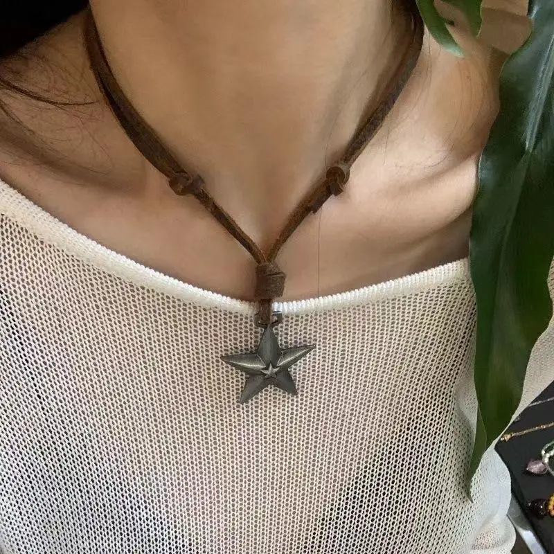 Trendy Vintage Pentagram Star Pendant Necklace Unisex Punk Leather Rope Adjustable Necklace Party Jewelry Accessories