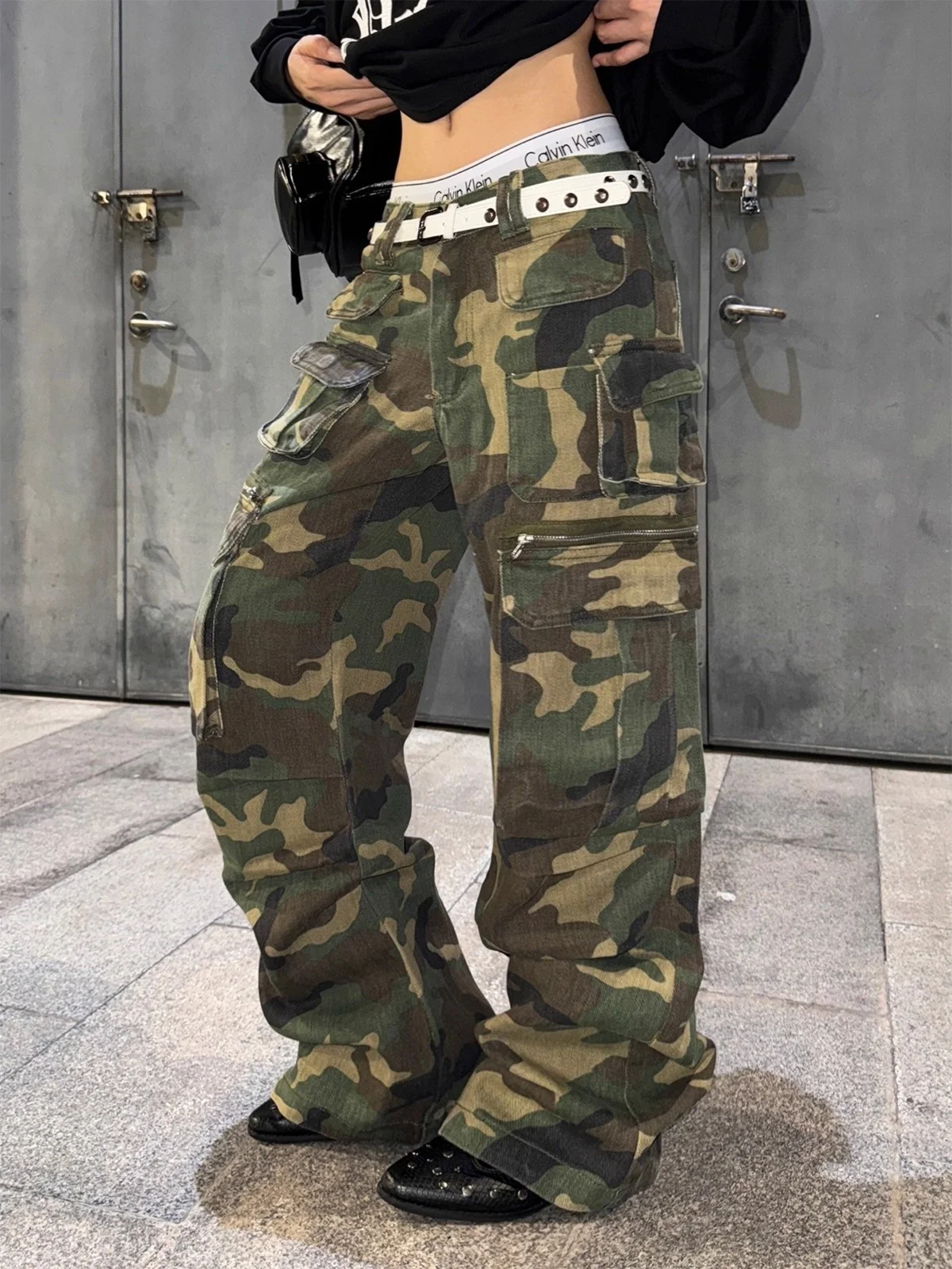 Calças Jeans Fenas Estilo Retrô Americano Camufladas, Largas e Soltas, Crimento até o Chão, Calças Casuais de Perna Reta