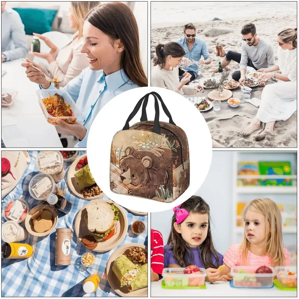 Bear And Mouse Cartoon Print Insulated Lunch Bag for Women Kids Leakproof Food Boxes Thermal Lunch Box Tote