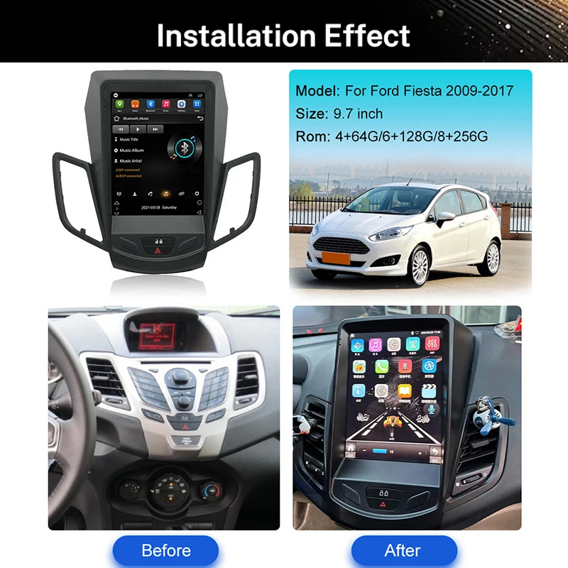 9.7 Inch Tesla Style Vertical Screen 2 Din Car Android Radio for Ford FIESTA 2009-2016 with GPS Navigation Carplay Auto FM AM BT