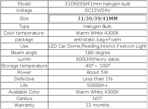 C5W 31/36/39/41mm Halogen Festoon Bulb C10W 5W 12V 24V Warm White Interior Dome Light Replacement for License Plate Trunk Lamp