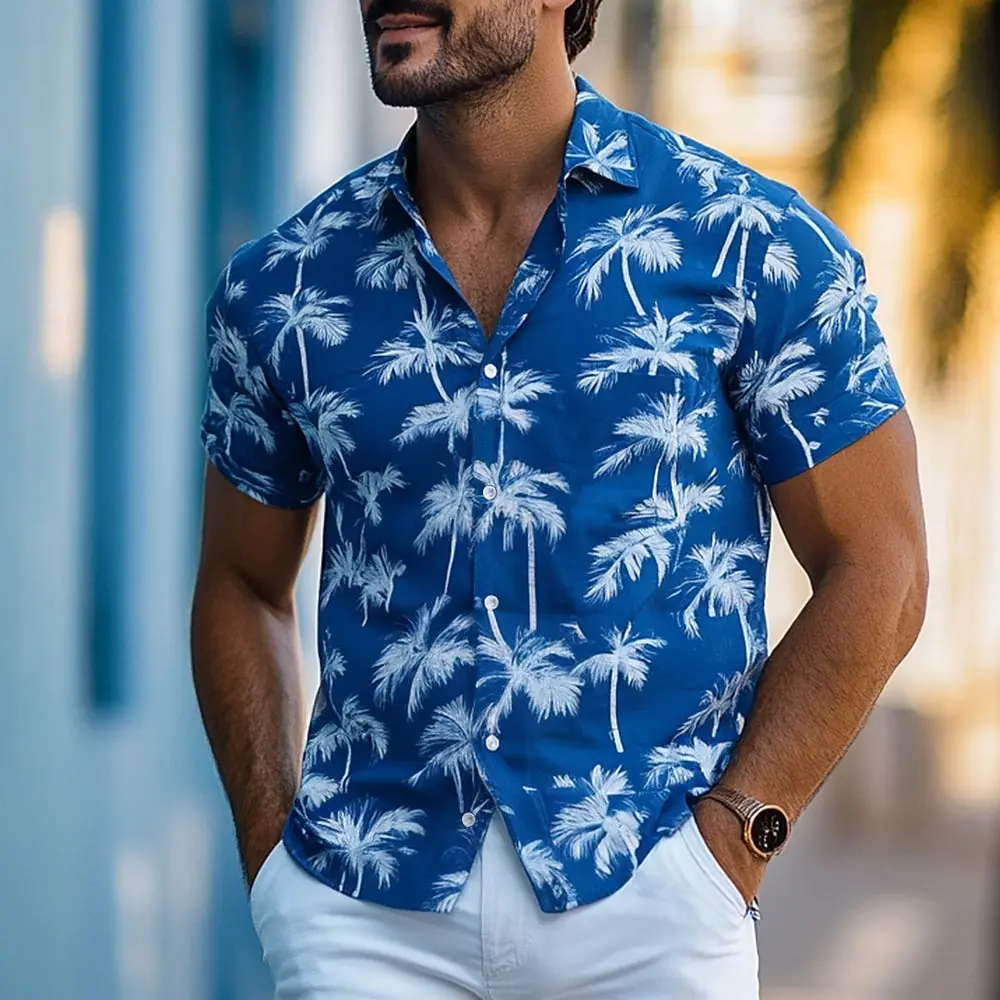 

Men's Coconut Tree Hawaiian Shirt Short Sleeve Hawaiian Vacation Summer Print Lapel Button White Blue