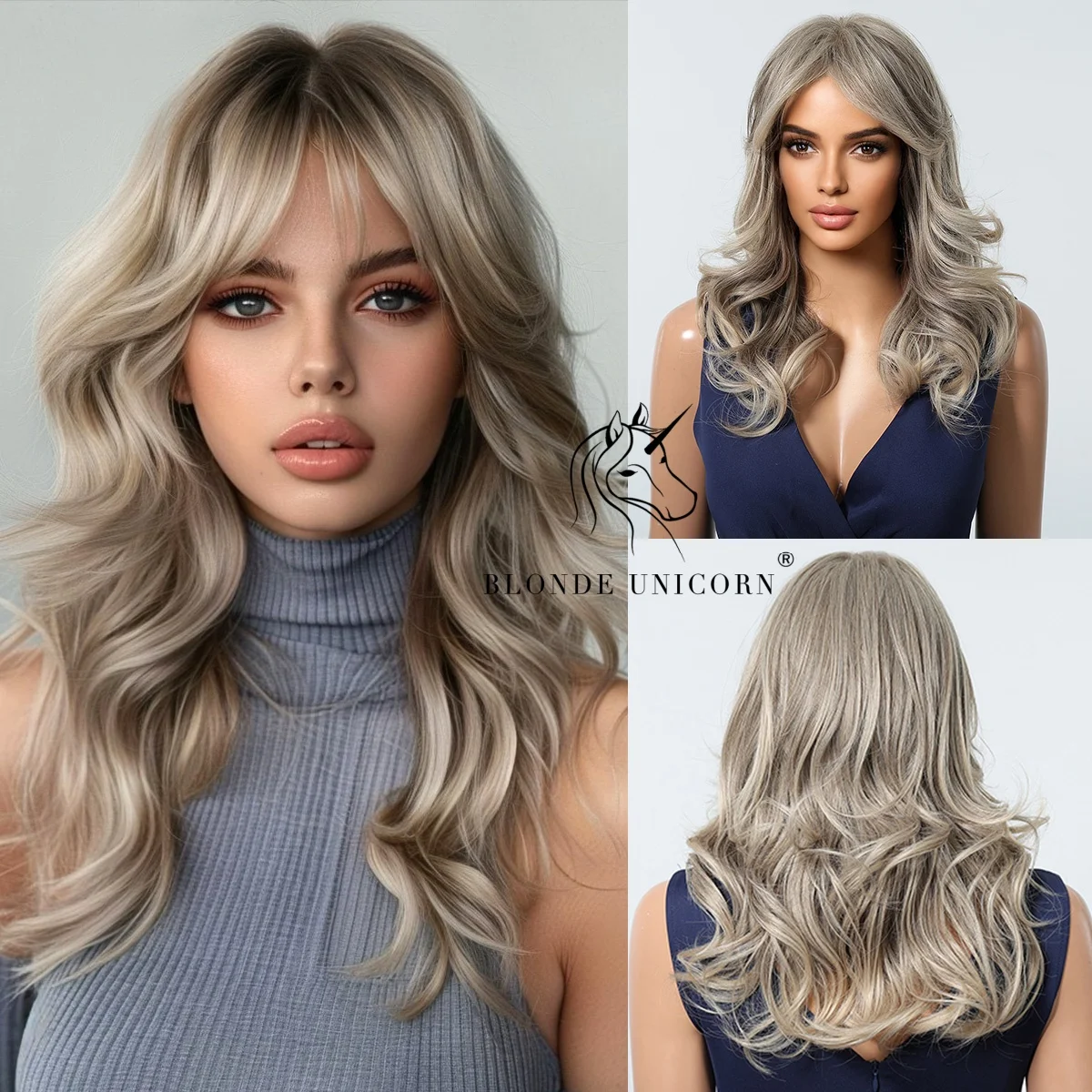 Gray Brown Ombre Medium Wavy Synthetic Wig with Bangs Heat Resistant Natural Looking for Women Daily Wear Party Cosplay Use