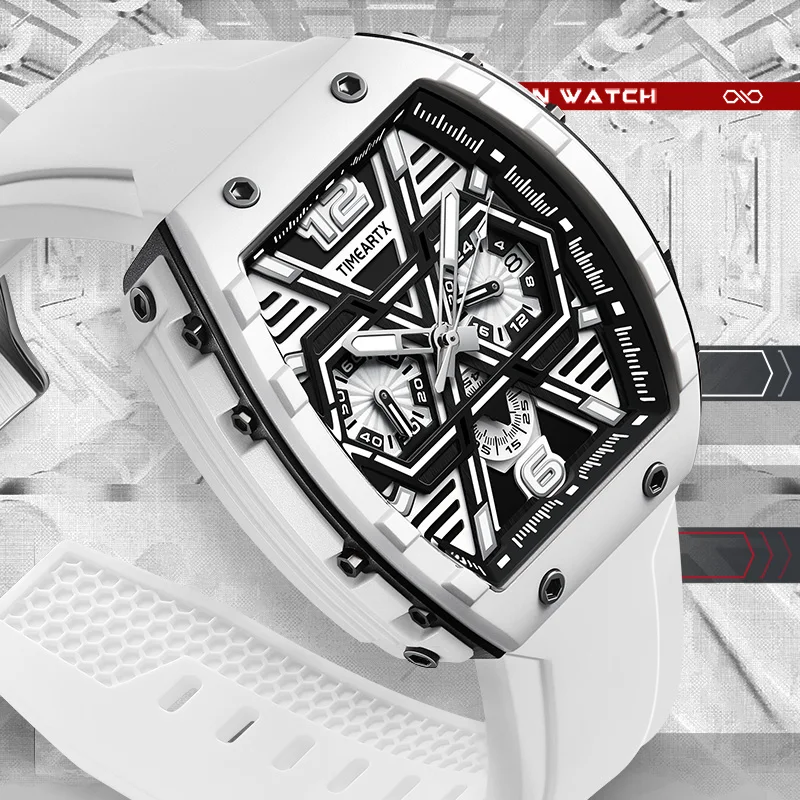 TIMEARTX Men's Quartz Watch Premium X Series Dial Design Business Luminous Calendar Silicone Band Luxury Wristwatch