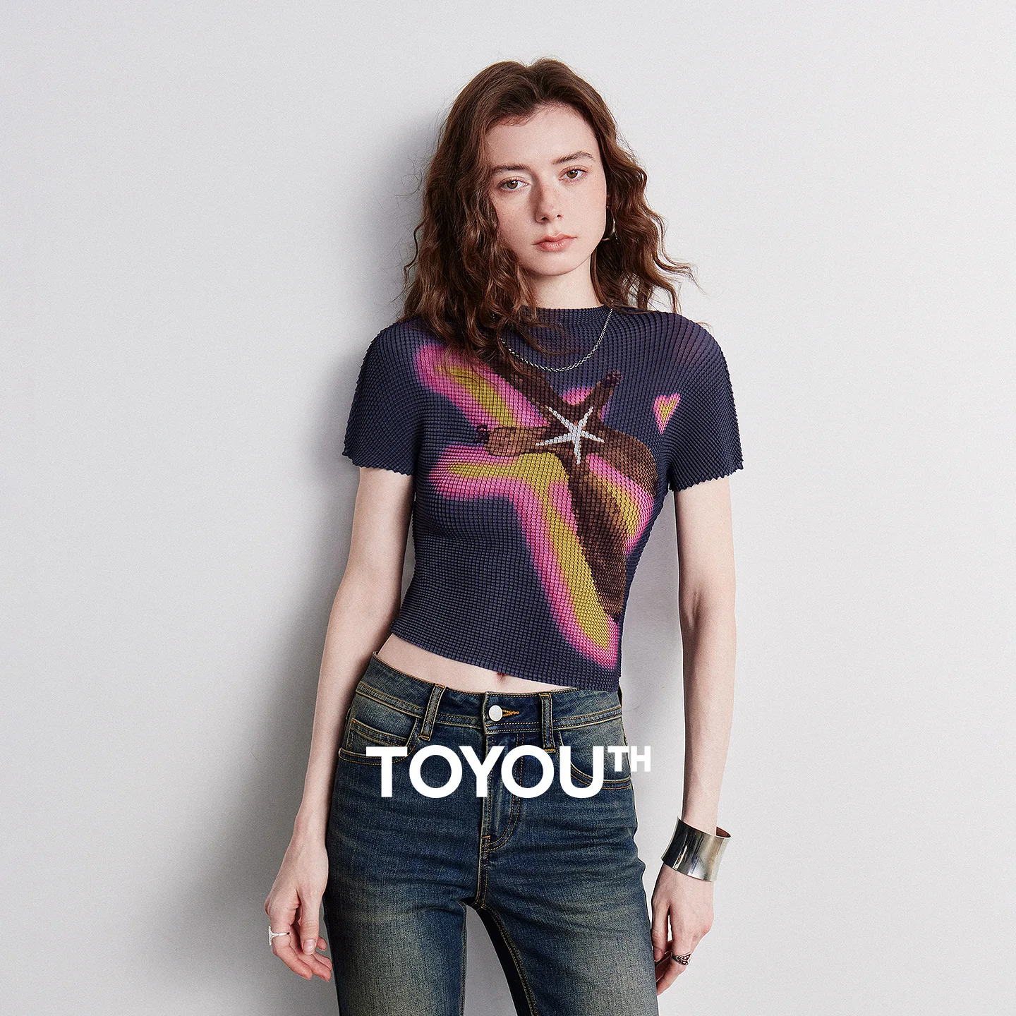 

TOYOUTH Women Starfish T-Shirt 2026 Summer New Stand Collar Short Fit Basic Gong Zhang Zhang Collaboration Chiffon Pullover Tops