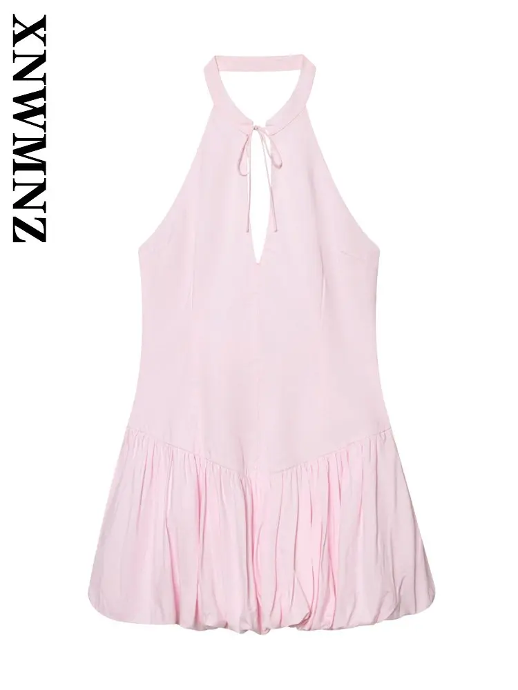 XNWMNZ 2026 Sommer Damen Vielseitiges Modisches Ärmelloses Gerafftes Kurzes Kleid Einfaches Lässiges Rosa Neckholder-Kleid Schickes Schmales Kleid